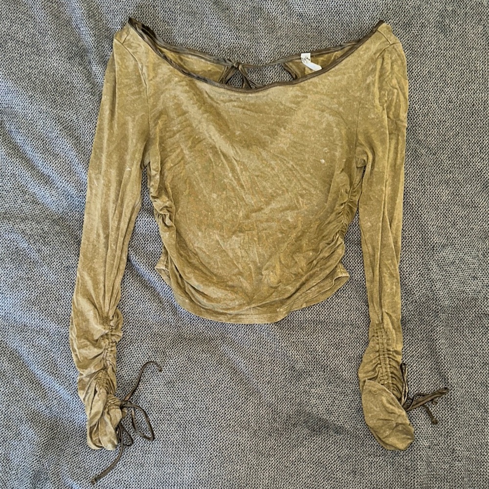 Yellow Ruched Long Sleeve Crop Blouse